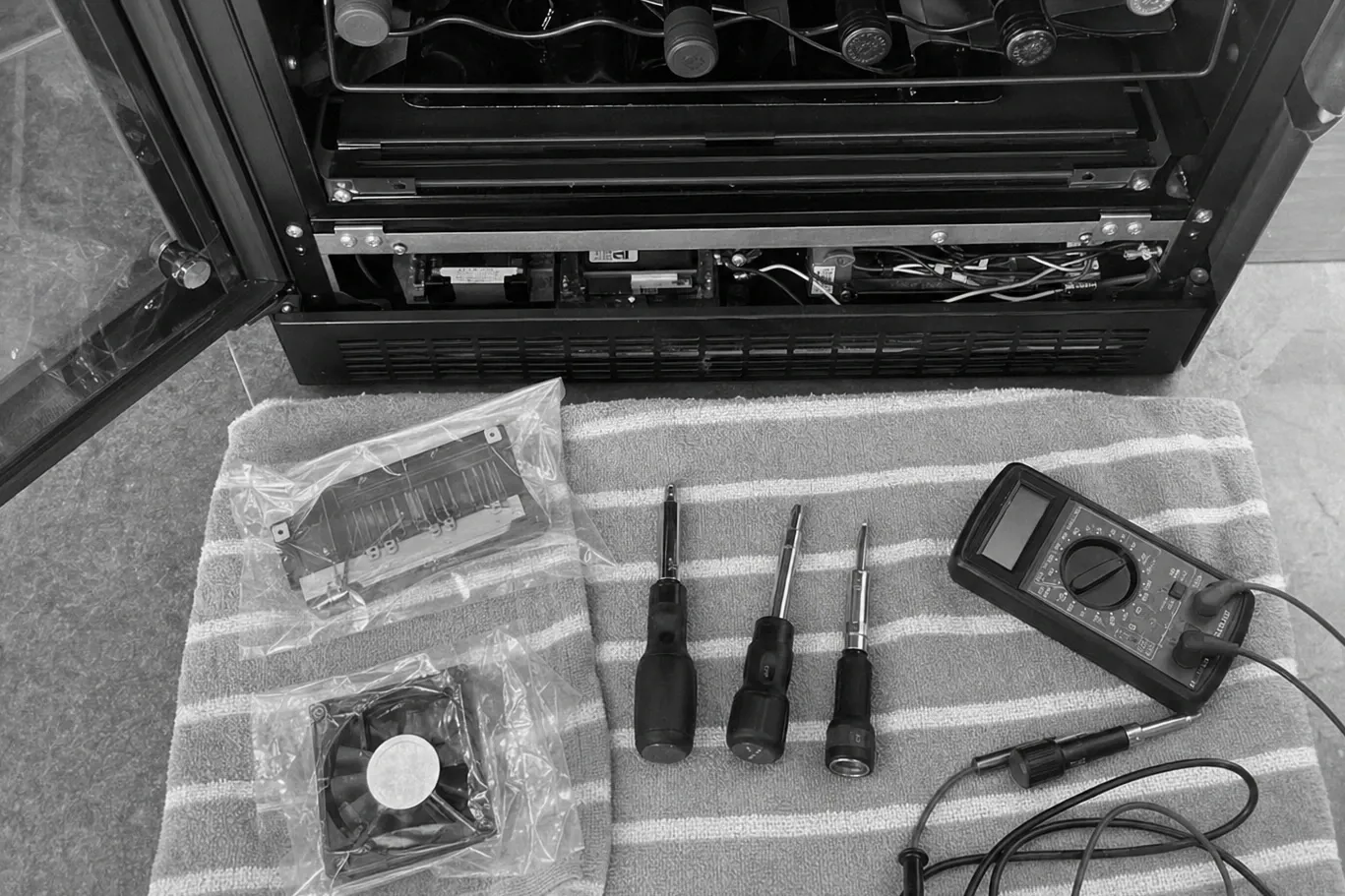 Black-and-white view of an undercounter cooler with its glass door open and bottles on the racks, the lower panel removed to expose the control boards, with bagged parts and a multimeter on a towel