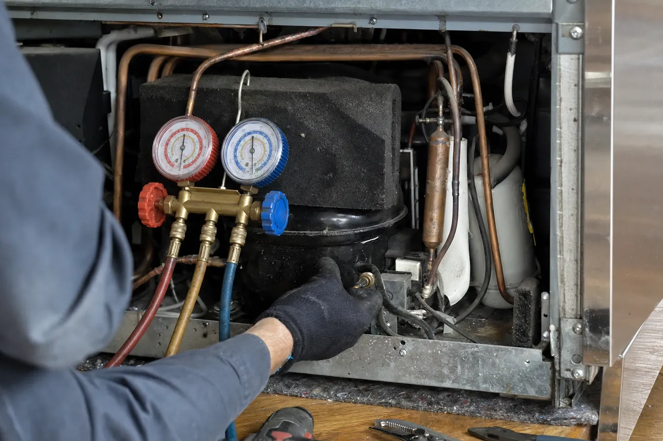 A two-gauge manifold set standing in front of an open refrigerator machine compartment, copper lines and the insulated compressor behind it and a gloved hand at a fitting
