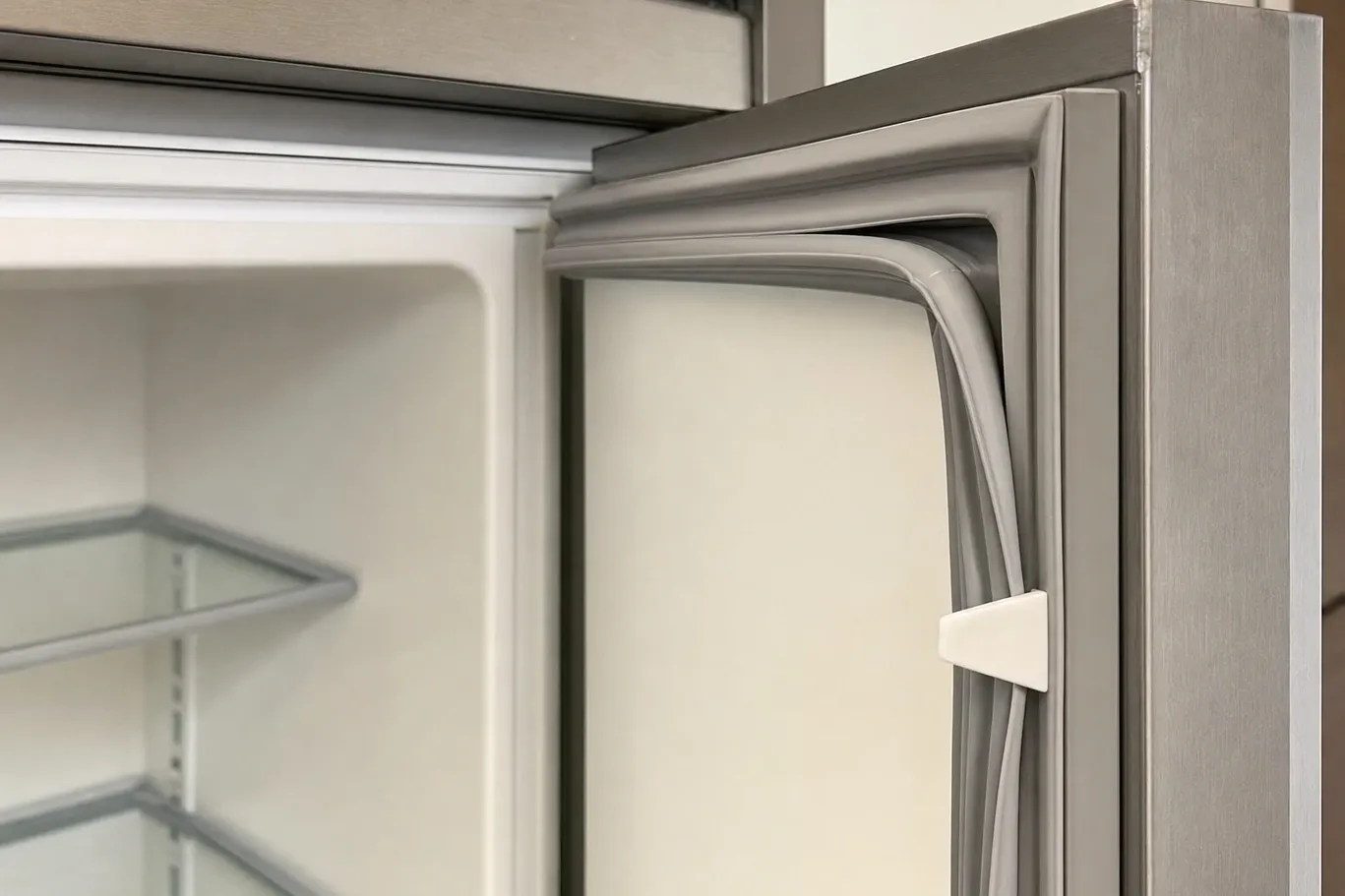 Close-up of a magnetic door gasket lifted clear of its channel along the edge of a built-in refrigerator door, glass shelves visible in the cabinet behind